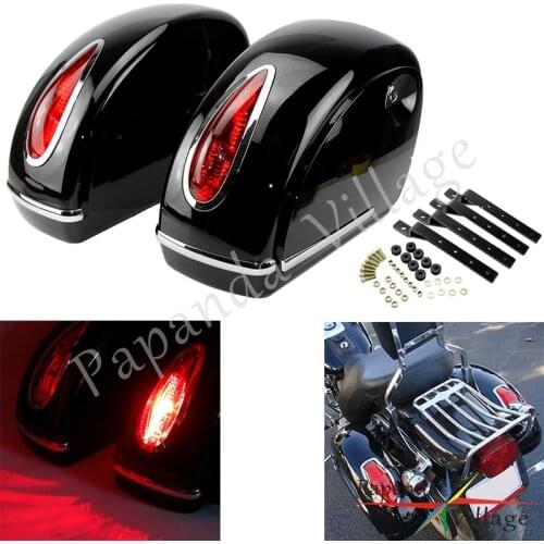 A Pair Motorcycle Hard Saddlebag Side Luggage Tank Tail Side Case Box w/ Retro Oval Red Tail Light For Harley Roadster Road King