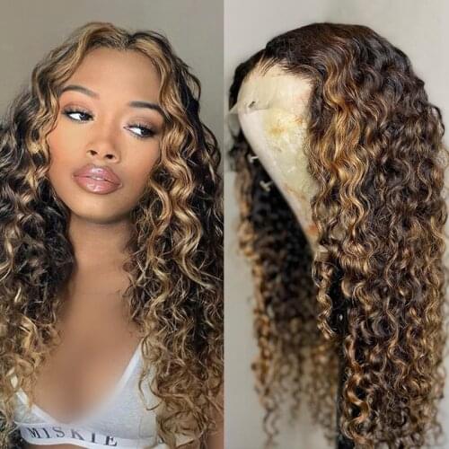 Curly Human Hair Wig T Part Lace Wig Honey Blonde Highlight Brazilian Brown Color Human Hair Lace Front Wigs Pre Plucked 180