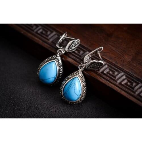 Natural turquoise 925 sterling silver With Blue jade Ring Earring>Lovely Fine Brincos Ohrringe Sterling Silver Jewelry Earring