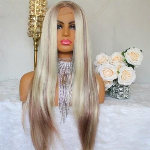 Synthetic Lace Wigs Straight Hair Brown and Blonde Mixed Colored Highlight Wigs for Women 2x4'' Middle Part Lace Wigs