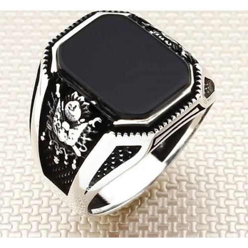 Vintage Rectangle Black Onyx Stone Men Silver Ring With Ottoman Coat Of Arms Made in Turkey Solid 925 Sterling Silver