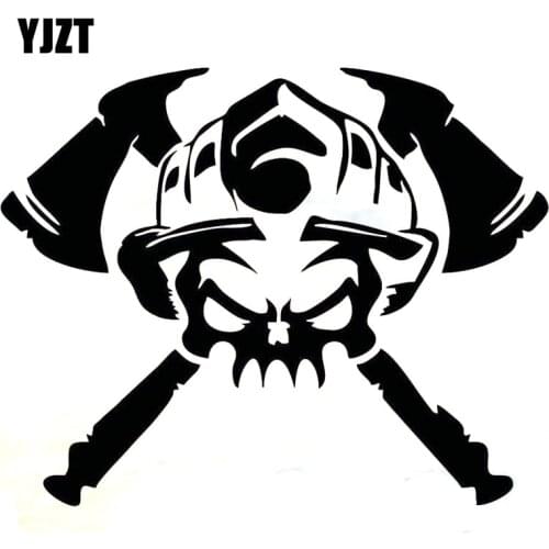 YJZT 15.3x12.2CM FIRE FIGHTER Skull Vinyl Decal Car Sticker Helmet Axe Funny Car-styling Black/Silver S8-1335