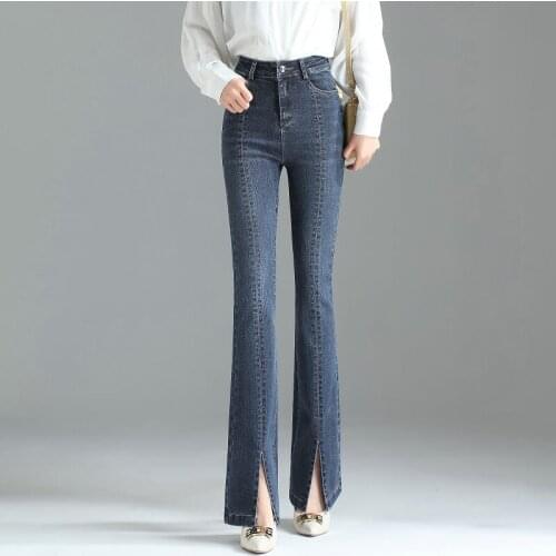 Women Jeans Blue Flare Pants Front Side Slit Leg 2021 New Fall High Waisted Bell Bottom Jeans Full Length Denim Straight Clothes