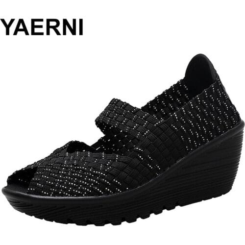 YAERNI Women Sandals Platform Shoes Peep Toe 2018 Fashion Handmade Woven Shoes Breathable Wedge Women Sneakers Big Size 42