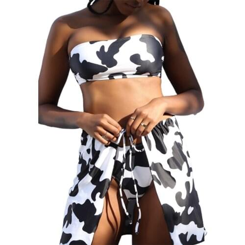 Women Sexy Cow Print 3pcs Bikini Set Strapless Push-Up Tube Top Thong Brazilian Swimsuit with Beach Skirt Bathing Suit