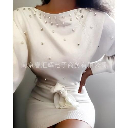 White Bubble Beads Embellished Bat Sleeve Knitted Sweater Dress-Belted dress for women