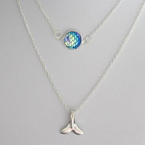 8Seasons Resin Mermaid Fish Scale Multilayer Necklace Silver Color Green Whale Tail Round AB Color 46cm long 34.5cm Long, 1 PC