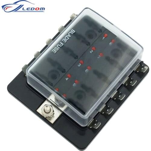 10 Ways Blade Fuse Box Holder with LED Warning Light for Car Boat Marine Trike 12V 24V Medium or Standards Size Fuses