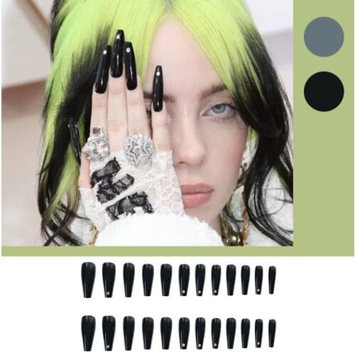 24Pcs/Set Diamond Black Press On Fingernails Coffin Flash Fake Nails Extra Long DIY Slider Fully Covered Nail Decoration
