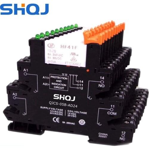 5pcs HF41F 24-ZS 12-ZS 5V 12V 24V 6A 1CO Slim Relay Mount On Screw Socket with LED and Protection Circuit 24VDC/AC Wafer relay