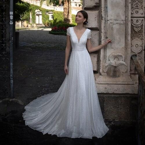 A-Line Shiny Wedding Dresses Elegant Silver V-Neck Beading Sequined Cap Sleeves Glitter Bridal Gown Plus Size Wedding Dress