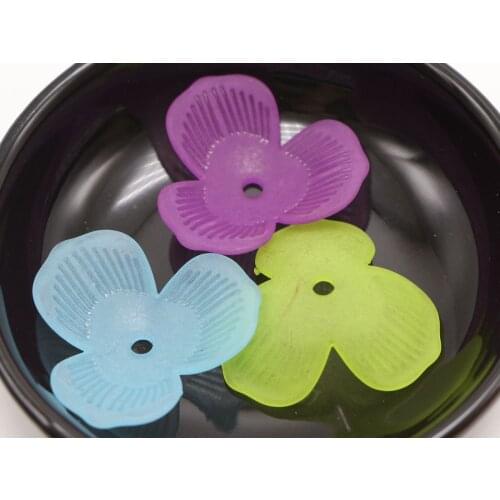 30 Mixed Color Frost Acrylic Large 3 Petal Flower Bead Cap 34mm With Center Hole