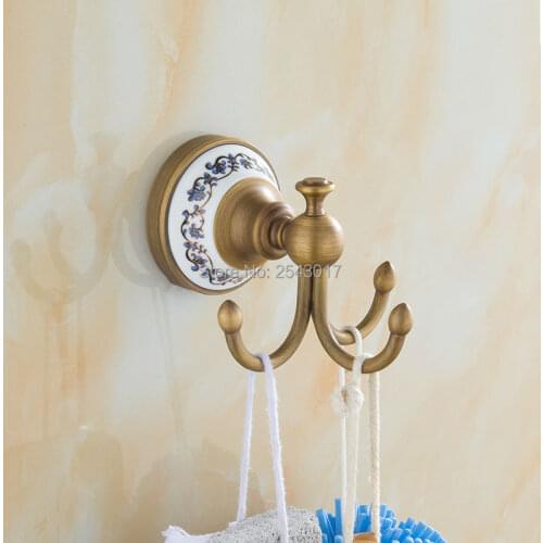 Bathroom Accessories Cloth Hooks 3 Hooks Antique Brass Finish Ceramic Holder Wall Mounted Classic Retro Triple Hooks ZR2111