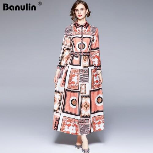 Banulin 2021 Spring Autumn Runway Retro Maxi Dress For Women Elegant Vintage Floral Print Long Sleeve Long Shirt Dress With Belt