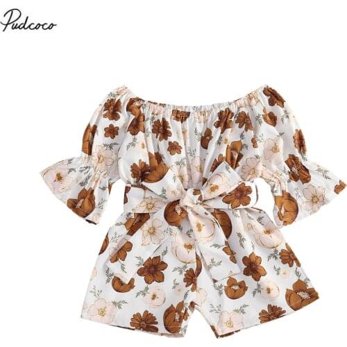 2020 Baby Summer Clothing Infant Newborn Off Shoulder Romper Flare Long Sleeve Floral Jumpsuits With Belt Sunsuit