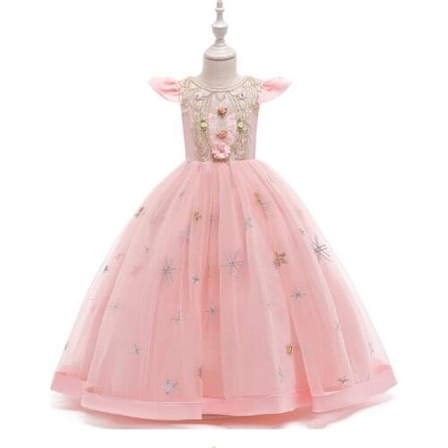 Kids Party Princess Dress Floral Print Round Neck Fly Sleeve One-Piece Aline Dress for Girls 2-7Years