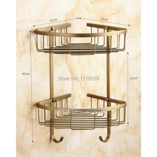 Europe style Antique dual tier corner shelf,Bathroom shelf with hooks,Retro copper bathroom shelves basket,J16495