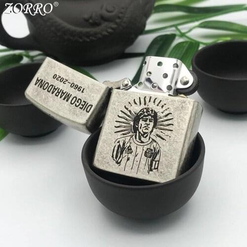 Zorro Kerosene Lighter Brass Shell Old Silver Carving Classic Football Collection Gasoline Oil Lighter Men Gift