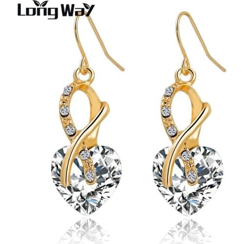 LongWay Hot Sale New Heart Earrings Luxury Gold Color Drop Earrings Austrian Crystal Earrings Wedding Jewelry SER140073
