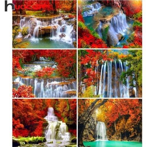 Huacan Diamond Painting Kit Waterfall Scenery Mosaic Red Tree Natural Landscape Embroidery Home Decor Diamond Art