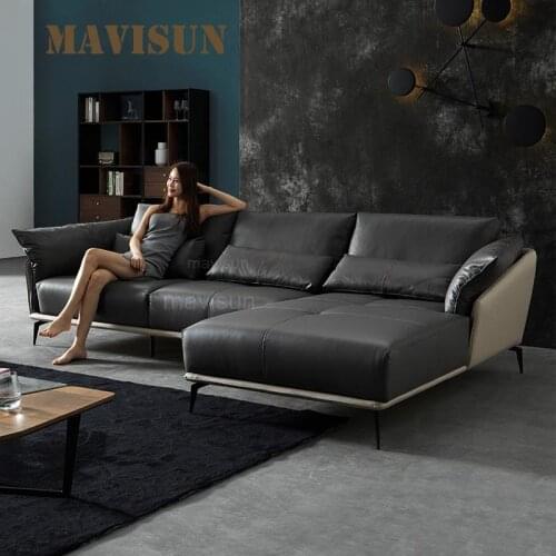 New Italian Minimalist First-Layer Leather Couch Modern Fashion Corner L-Shaped Apartment Down Sofa Living Room Combination