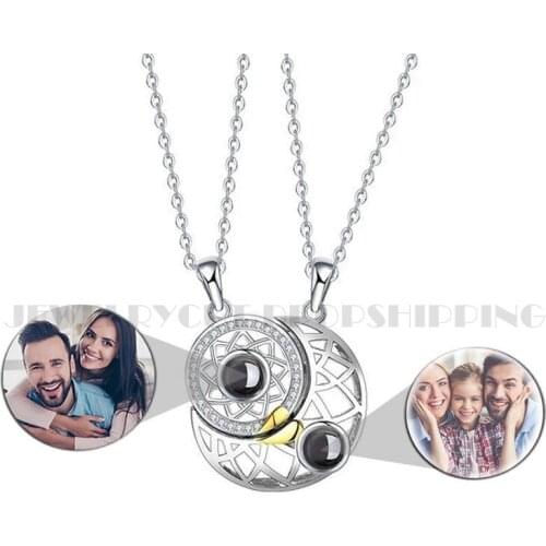 Customized Photo Projection Sterling Silver Sun And Moon Shape Couple Necklace Magnetic pair Necklace in Memory of Loved One