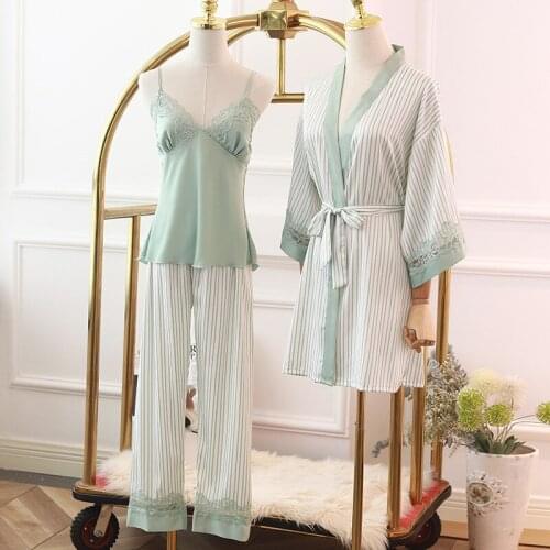 Sexy Lace Pajamas Suit Spring New Lady Home Clothing Intimate Lingerie Satin 3PCS Sleep Set Print Striped Pyjamas Home Clothing