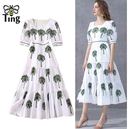 Tingfly Summer Coconut Tree Printing Women A Line Midi Long Dress Short Sleeve High Waist White Casual Street Vestidos Robes Za