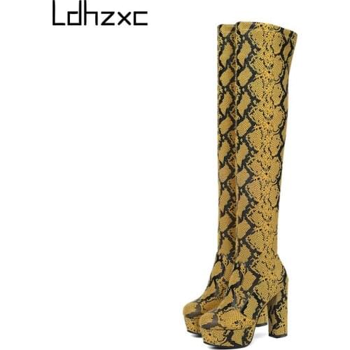 LDHZXC Fashion Over The Knee Boots Women High Heel Platform Long Boots Autumn Winter Boots Beige Yellow Shoes for Women