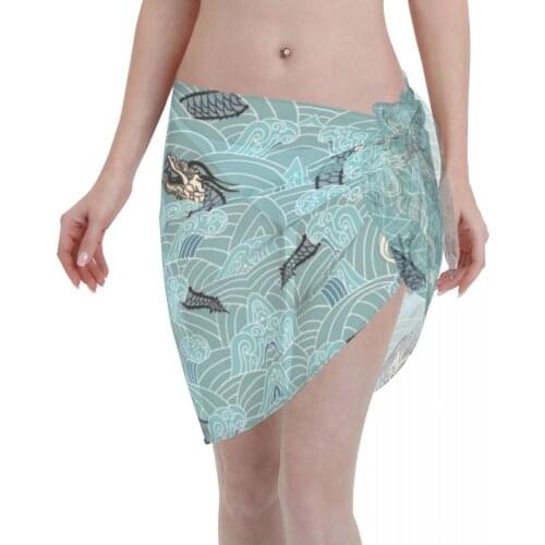 Sexy Women Beach Swimwear Pareo Scarf Cover Up Wrap Kaftan Sarong Beach Wear Asian Dragon Waves Bikinis Cover-Ups Skirts