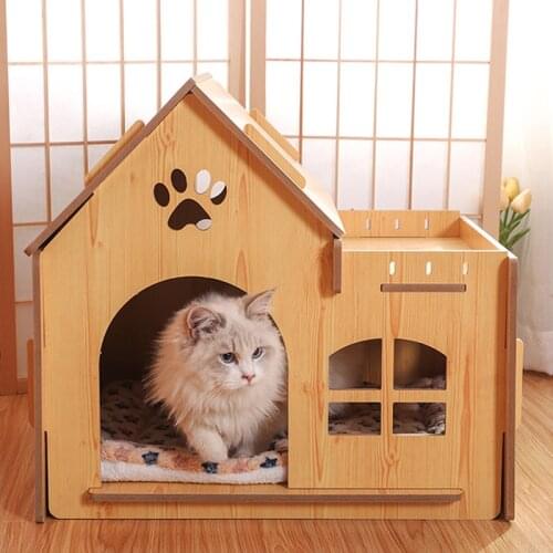 Removable Wooden Dog Cat House The Window Breathes Design Pet Villa Bottom Antiskid Configure Door Opening Closing Cat Nest