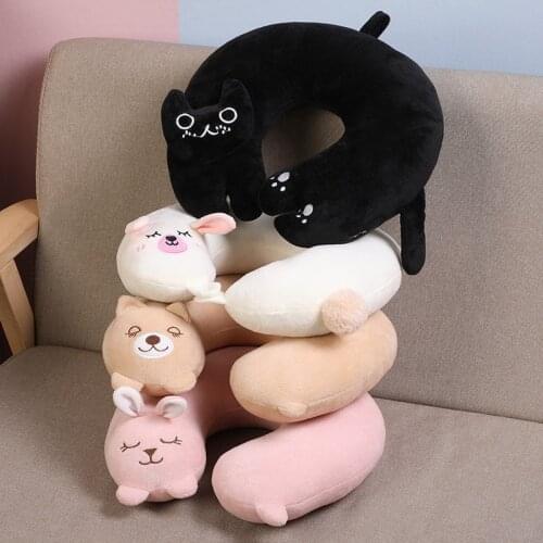 Cute Rabbit Cat Mouse U-Shaped Pillow Plush Creative Cartoon Animal Portable Office Travel Car U Shape Neck Pillow Help Sleep