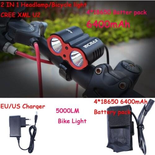 U2 Bicycle Bike Light HeadLight 5000 LM Rechargeable LED Lamp Waterproof Front Light HeadLamp with Battery Pack & Charger