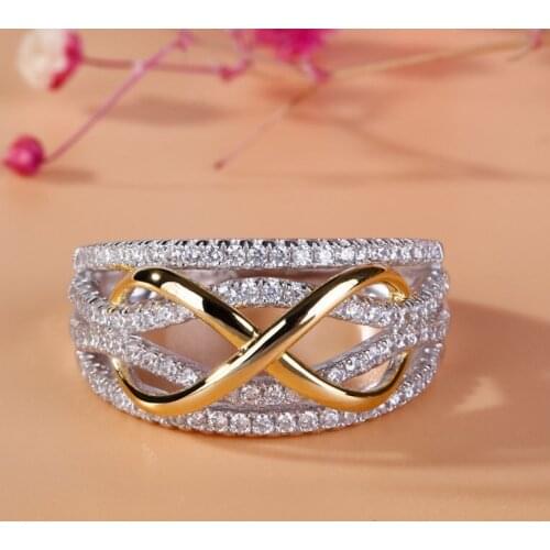 Unique Two-Tone Number "8" Multi-Layer Crystal Engagement Rings for Women Party Wedding Jewelry Accessories Size 6-10