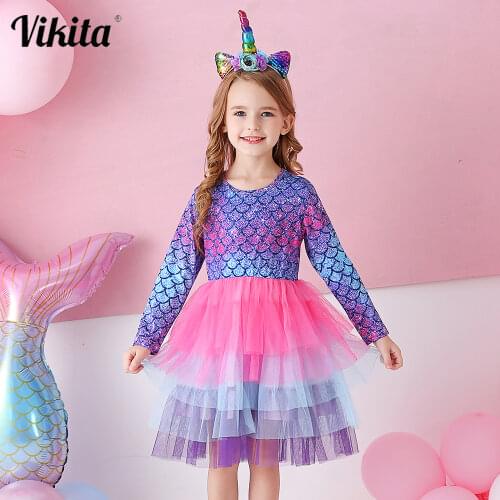 VIKITA Kids Mermaid Tutu Dress for Girl Children Autumn Spring Long Sleeve Dresses Layered Mesh Princess Dresses Kids Costumes