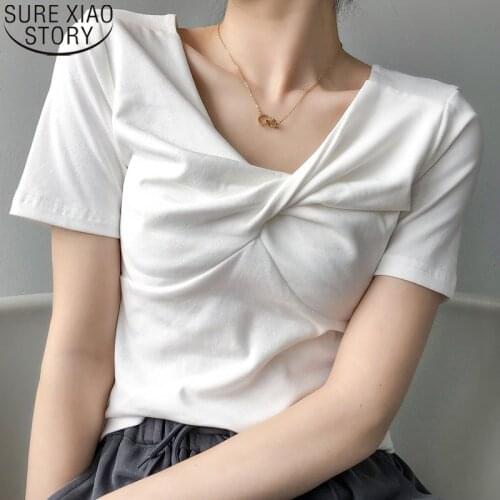 2021 New Fashion Summer Shirt Office Lady Shirts Fashion Blouse Female Korean Short Sleeve Solid V-neck Korean Folds Tops 14621