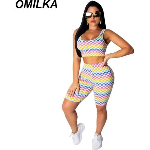 OMILKA 2019 Summer Women Colorful Printed Sexy Two Piece Set O Neck Sleeveless Crop Top And Sheath Short Pants Tracksuit Sets