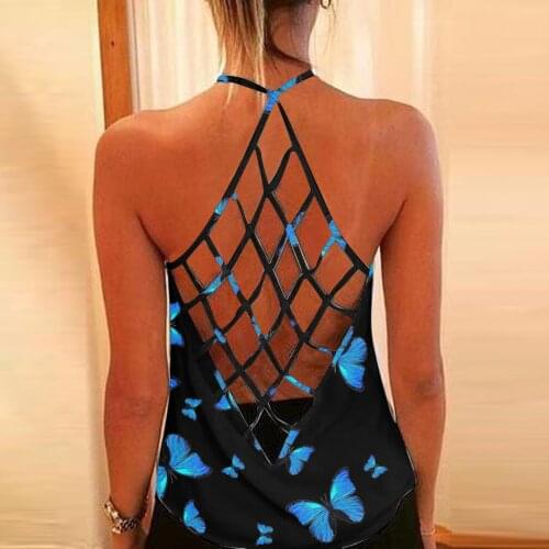 2021 Womens Camisole Tanks Butterfly Print Spaghetti Strap Tops Backless Hollow Out Open Back Cool Loose Top Sexy Vest Cami