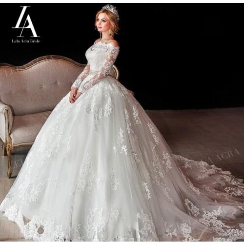 Beaded Lace Wedding Dress New Crystal Appliques Ball Gown Long Sleeve Bridal Princess Court Train LelaAcra ER23 Vestido De Novia