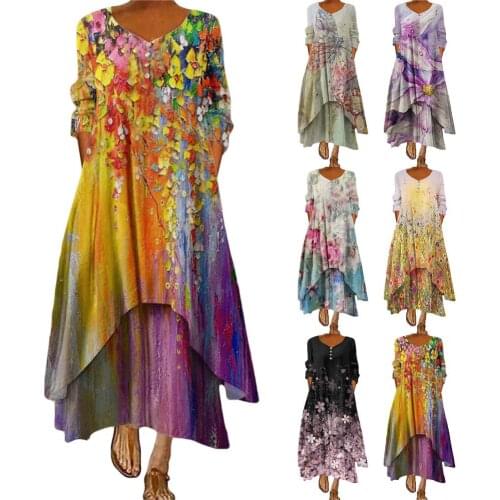 Bohemian style stitching irregular dress womens long-sleeved loose large size chiffon dress