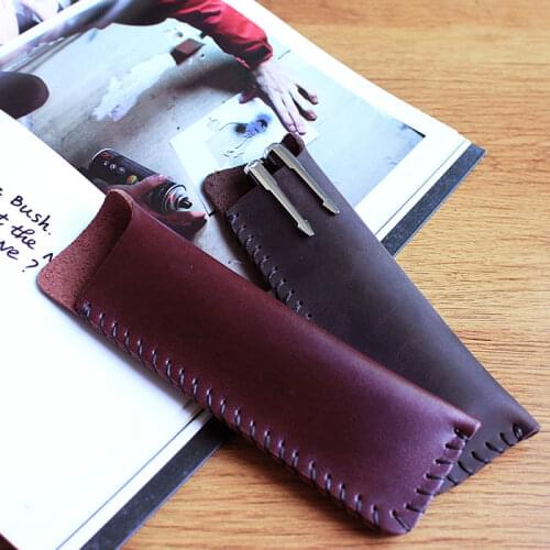 16x5cm top-class retro genuine leather pen bag pencil bag stationery organizer for 2-pens business travel office supplies 1136