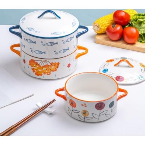 8 inch Nordic Ceramic Binaural Soup Bowl with Lid Large Ramen Instant Noodle Bowl Single Soup Bowl Salad Bowl Tableware