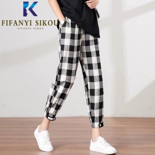 High Waist Plaid Harem Pants Women Casual Joggers Fashion Elastic Waist Loose Sweatpants Female 2021 Summer Thin Trousers