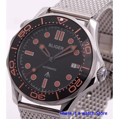 Bliger 41mm Black Dial Automatic Mechanical Mens Watch Luxury Brand Luminous Sapphire Glass Date Function 007 Wristwatch Men