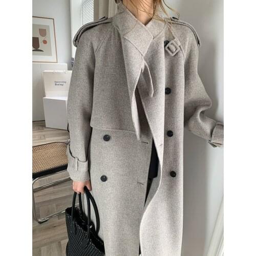 High-end double-sided wool cashmere coat womens mid-length woolen coat Hepburn style Korean thickening