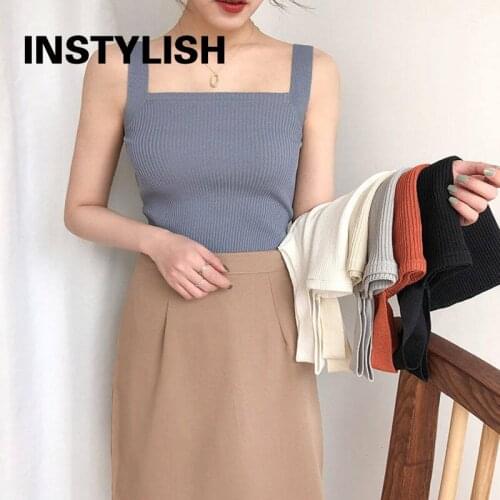 Elegant Knitted Tank Top Casual Square Neck Sleeveless Vest Korean Harajuku Slim Cropped Top Solid T Shirt Sexy Women Corset