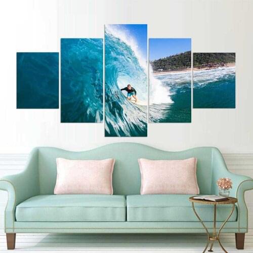 HD Printed Painting Art Pictures Framework Living Room 5 Panel Surfers In Blue Ocean Waves Home Decoration Posters Modern Wall