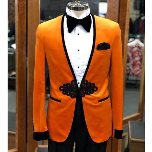 HOT SELLING velvet with satin V neck collar one knot button pant dinner suit for men wedding suits prom suits (Jacket+Pants+Bow)