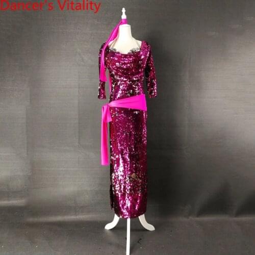 Customized Belly Dance Practice Sequin Dress Headband Belt Bra 4pcs Oriental Indian Dance Wear Performance Costume Outfits Set