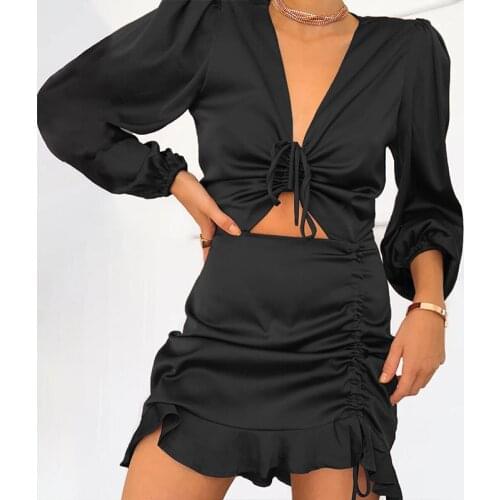 Manga longa ruched mini vestido moda outono senhoras clubwear brandy mall vestidos de cetim feminino rendas plissado para fora